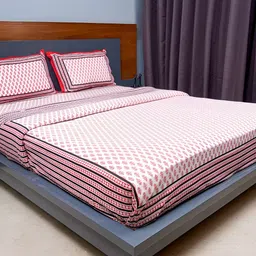 inizio Red & White Ethnic Motifs Cotton 220 TC King Bedsheet with 2 Pillow Covers-picture-15