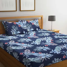 KLOTTHE Blue & Pink Floral 210 TC Polycotton 1 King Bedsheet with 2 Pillow Covers-image-91