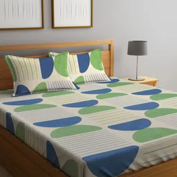 Arrabi Beige & Green Geometric Printed 300 TC King Bedsheet with 2 Pillow Covers-21