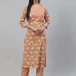 KALINI Floral Printed Keyhole Neck Pure Cotton Straight Kurta with Trousers-picture-22