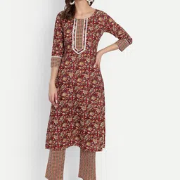 Haute and Humble Women Red Floral Printed Pure Cotton Kurta with Trousers-image-86