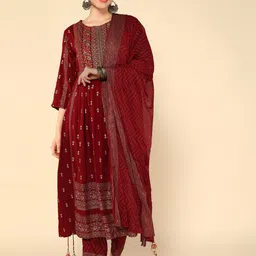 KALINI Ethnic Motifs Printed High Slit Thread Work Kurta With Trousers & Dupatta-image-34