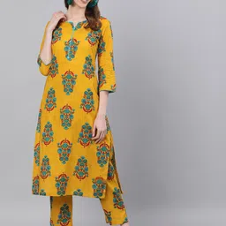 antaran Women Yellow & Turquoise Blue Ethnic Motifs Printed Pure Cotton Kurta & Trousers-picture-45