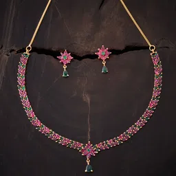 Kushal's Fashion Jewellery Gold-Plated Red & Green CZ Stone-Studded Jewellery Set-image-83