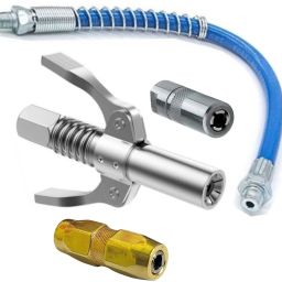 Grease Gun Coupler With 12" Flexible Blue Pipe, 4 Jaw Adaptor Golden & Silver Manual Dispenser-27