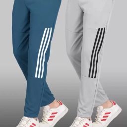 Pack of 2 Men Striped Blue, Grey, White, Black Track Pants-image-4