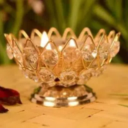 Brass Medium Bowl Crystal Akhand Diya for Pooja Oil Lamp Kamal Lotus Shape Table Diya Brass, Crystal Table Diya  (Height: 2.2 inch) Brass Table Diya-image-49