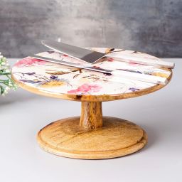 Cake Stand with Set of 2 Cake Servers Printed Cake Cutting Holder Round Wooden Cup CakeTable Stand with Stand for surprice(Mango Wood,White Bird Silver,10 x10 x 4.5 inch) Wooden Cake Server-5