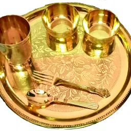 Pack of 6 Brass M&V CRAFT PURE New Flower Embossed Design Dinner THALI Set, SIZE-13 INCH and Set of 6 PCS, Unique Design and Best for Gift Purpose Dinner Set-image-51