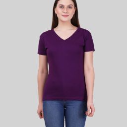 Women Solid V Neck Pure Cotton Purple T-Shirt-image-2