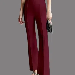 Women Relaxed Maroon Lycra Blend Trousers-image-30