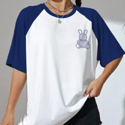 Oversized Women Printed Round Neck Pure Cotton White, Dark Blue T-Shirt-image-80