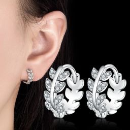 Cute Little Silver Leaves Cubic Zircon Hoop Earring For Women & Girls Swarovski Zirconia Silver Hoop Earring-image-54
