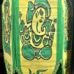 Hanging Palm Leaf Décor Item/Lantern, Foldable, from Pipli Odisha, Theme Ganesha Green, Yellow Cloth, Wooden Hanging Lantern-image-48