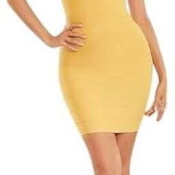 Women Cinched Waist Yellow Above Knee/Mid Thigh Length Dress-image-17