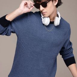 Men Self Design Round Neck Blue Sweater-image-65