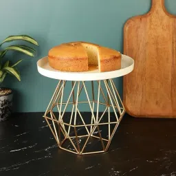 decorcave Elegant Marble Cake Stand with Gold Geometric Base Iron Cake Server image 3