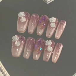 Set of 24 Artificial reusable Nails in Purple with flowere Design with glue Purple-7