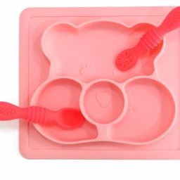 Square Baby Food Tray, Silicon Food Plate With Multiple Compartment & Two Spoons - Silicone-19