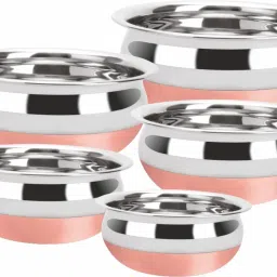 Stainless Steel Vegetable Bowl vegetable serving cooking storagre bowls Premium quality mirror finish stainless steel tope / cooking pot with copper bottom for kitchen. Export Quality Stainless Steel making the utensils highly durable, long lasting, rust free., Copper bottom. Premium quality mirror finish stainless steel deep vessel /urli / cooking pot for kitchen. Export quality stainless steel making the utensil highly durable, long lasting & rust free, Compaq size makes it easy to store in kitchen cupboards. Easy to clean & maintain. When not in use, stack the smaller container inside bigger containers saving storage space. Easy to clean & maintain., Multipurpose. Cook and serve. Ideal for daily use on your gas stove. Energy efficient. Heats evenly and cooks faster. Food will not stick to your pan. Not friendly.-4