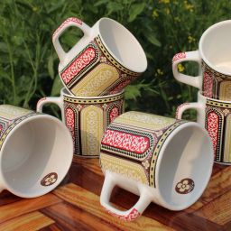 Pack of 6 Ceramic Coffee Cups & Tea Red Yellow Taj Arts Design Beautiful & Stylish cup 200 ML-12