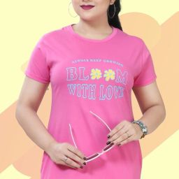 Women Printed Round Neck Pure Cotton Pink T-Shirt-image-36