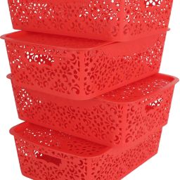 Plastic Medium Turkish Baskets Medium with Lid for Kitchen, Vegetables, Toys, Books, Office, Stationery, Utility, Cosmetics, Accessories, Closet, Wardrobe - Red, Set of 4 Storage Basket (Pack of 4) Storage Basket-20