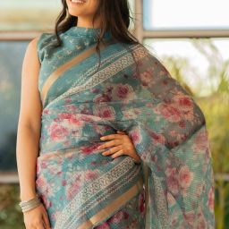 Printed, Floral Print Kota Doria Polyester Saree-image-4