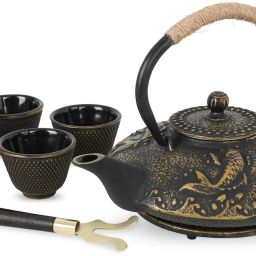 Tea Pots Set 27oz/800ml Cast Iron Black Japanese Matte Water Teapot Set,4 cups Glass Tray Set-35