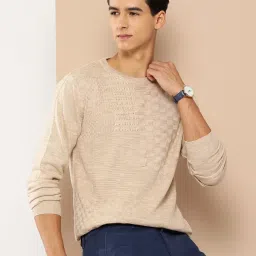 Men Self Design Round Neck Beige Sweater-image-28