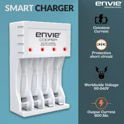 Envie Fast Charger ECR 20MC with Rechargeable Batteries | for AA & AAA Ni-Cd & Ni-mh Rechargeable Batteries with LED Indicator | Compatible with Power Banks | Car Charger | Laptop | Travel Adapter (ECR 20 MC+4xAA1000)Camera Battery Charger image 4