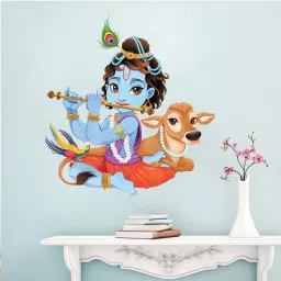 90 Blue Krishna with Cute Calf Self Adhesive Sticker-97