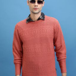 Men Self Design Round Neck Pink Sweater-image-58
