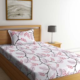 KLOTTHE White & Red Printed 300 TC Fitted Single Bedsheet & Pillow Cover-image-70
