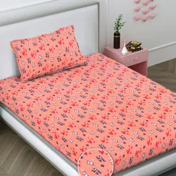 FABINALIV Peach-Coloured & White 300 TC Single Bedsheet with 1 Pillow Covers-14