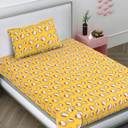 FABINALIV Yellow & White Cartoon Characters 300 TC Single Bedsheet with 1 Pillow Covers-image-19