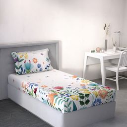 DDecor White & Green Floral Cotton 144 TC Single Bedsheet With 1 Pillow Cover-picture-5