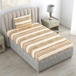 DREAM WEAVERZ Beige & Brown Striped Pure Cotton 220 TC Single Bedsheet With 1 Pillow Cover-picture-26