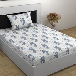 Divine Casa Prisham White & Blue Floral Cotton 144 TC Single Bedsheet with 1 Pillow Cover-image-77