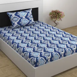 Divine Casa Prisham Blue Printed Pure Cotton 144 TC Single Bedsheet with 1 Pillow Cover-image-43