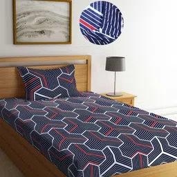 Arrabi Blue Geometric 300 TC Cotton Blend Single Size Fitted Bedsheet with 1 Pillow Cover-image-59