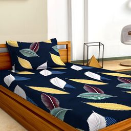 Aura Blue Floral Printed Microfiber Fitted 180 TC Single Bedsheet with 1 Pillow Covers-image-67