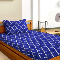 Aura Blue & White Geometric Microfiber 180 TC Single Bedsheet with 1 Pillow Covers-image-55