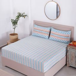 House of Pataudi Blue Striped 130 TC Cotton King Bedsheet & 2 Pillow Cover-image-49