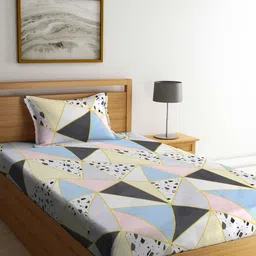 KLOTTHE Blue Geometric Printed Cotton Blend 300 TC Single Bedsheet With Pillow Covers-image-41