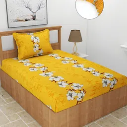 BREVARD Mustard &  White Poly cotton 210 TC Single Fitted Bedsheet with 1 Pillow Covers-image-29