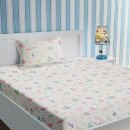 URBAN DREAM White Aquatic Printed 210 TC Cotton Single Bedsheet with 1 Pillow Cover-image-99