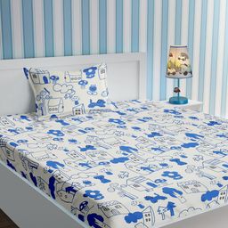 URBAN DREAM White Blue Doodle Printed 210 TC Cotton Single Bedsheet with 1 Pillow Cover-image-15
