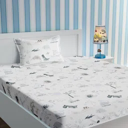 URBAN DREAM White Dino Printed 210 TC Cotton Single Bedsheet with 1 Pillow Cover-41
