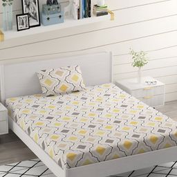 Bromwick White & Yellow Geometric Cotton 210 TC Single Bedsheet With 1 Pillow Cover-image-90